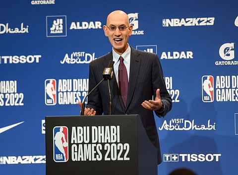 NBA Commissioner Adam Silver addressing media before the first NBA game between Atlanta Hawks and Milwaukee Bucks at Etihad Arena in Abu Dhabi.