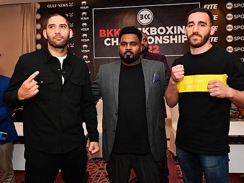 Ruben Lee of Spain (left) poses with Sedar Eroglu of Turkey ahead of their kickboxing world championship fight, which will take place on Saturday at Al Nasr’s Rashid Bin Hamdan Hall.