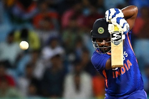 India's Sanju Samson plays a drive during the first One Day international against South Africa at the Ekana Cricket Stadium in Lucknow on Thursday.