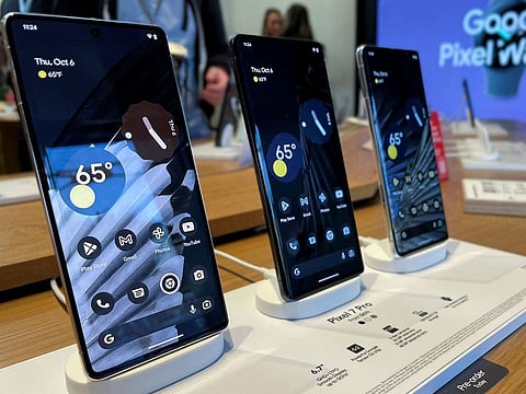 New Google Pixel 7 Pro smartphones are displayed at a launch event for new Google hardware devices in the Brooklyn borough of New York City, New York, U.S., October 6, 2022.
