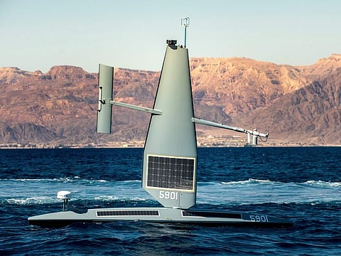 A Saildrone Explorer unmanned sea drone sails in the Gulf of Aqaba on Feb. 9, 2022.