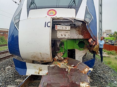 Front part of the Vande Bharat Express engine running between Mumbai Central to Gurajat's Gandhinagar is damaged after an accident with a herd of buffaloes on the railway line, between Vatva station to Maninagar.