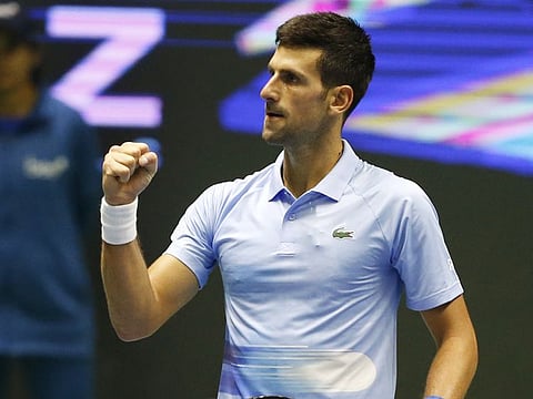 Serbia's Novak Djokovic reacts during the ATP 500 Astana Open tennis tournament semi-final match against Daniil Medvedev in Astana, Kazakhstan.