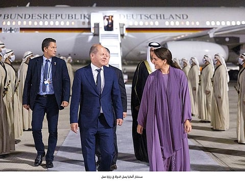 Mariam Bint Mohammad Saeed Hareb Almheiri, UAE Minister of Climate Change and Environment, receives Olaf Scholz, Chancellor of Germany at Abu Dhabi Presidential Airport last month