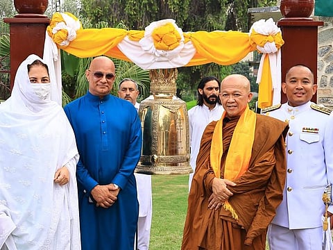 Three years after his promise with Prince Adnan, MV Arayawangso installs the ‘bell of peace’ in Swat. Adnan’s widow Zenab Adnan and MV’s spiritual son Imran Shaukat are also present in the picture.