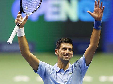 Serbia's Novak Djokovic celebrates his victory in the ATP 500 Astana Open by defeating Stefanos Tsitsipas of Greece in Kazakhstan on Sunday.
