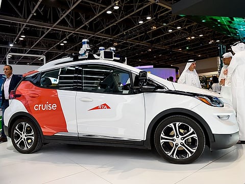 The vehicle, seen here at Gitex in Dubai, is currently used in Cruise’s commercial fleet of self-driving vehicles in San Francisco, USA