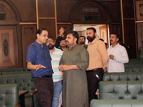 Karachi’s Administrator, Murtaza Wahab, and Local Government Minister, Syed Nasir Hussain Shahm inspect the hall after it was inaugurated.