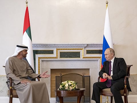 President His Highness Mohamed bin Zayed Al Nahyan (left) with with Russian President Vladimir Putin on Tuesday