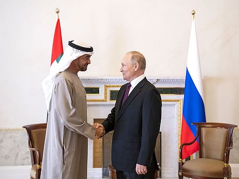 Sheikh Mohamed Bin Zayed Al Nahyan meets with Russian President Vladimir Putin at the Constantine Palace in Saint Petersburg.