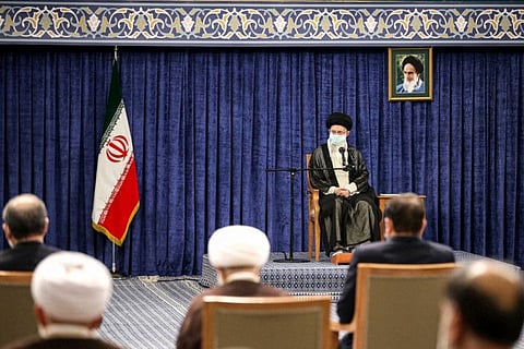 A handout picture provided by the office of Iran's Supreme Leader Ayatollah Ali Khamenei on October 12, 2022 shows him speaking before members of the Expediency Council in the capital Tehran.