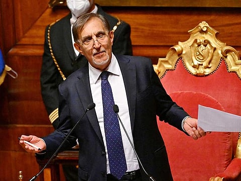 Italian far-right party Fratelli d'Italia's (Brothers of Italy) Ignazio La Russa addresses the Italian Senate after he was elected its new President, in Rome on October 13, 2022.
