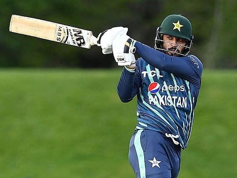 Pakistan's Mohammad Nawaz plays a shot during the Twenty20 tri-series cricket match between Pakistan and Bangladesh at Hagley Oval in Christchurch on October 13, 2022.