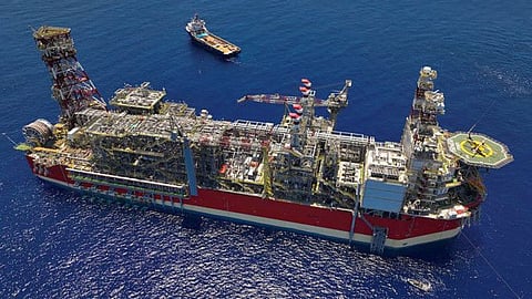 In this file handout picture released by Energean oil and gas company on September 20, 2022 shows an Energean Floating production storage and offloading (FPSO) ship in the Karish field, an offshore gas field in the Mediterranean sea.