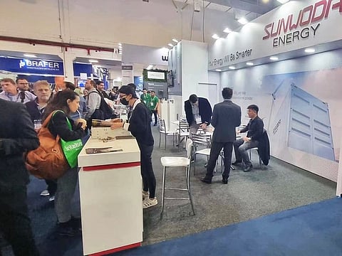 File photo: A Sunwoda Energy booth at the InterSolar South America 2022 at the Expo Center Norte, Sao Paulo, Brazil. Sonwoda showcased their residential, portable and utility battery solutions