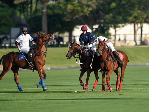 Monte Carlo Polo team and Lan To Capital Polo team in action at Lan To Capital Luxury Polo Cup at Dubai Polo & Equestrian Club in Dubai.