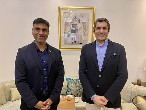 Anurag Bhushan (left), MEA Joint Secretary for Overseas Indian Affairs - who is also a former Consul General of India in Dubai - with Dr Aman Puri, Consul General of India in Dubai