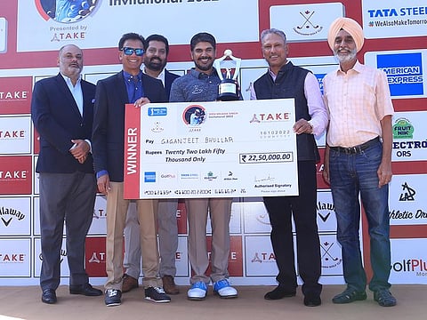 K S Sibia (Captain, Chandigarh Golf Club), Srinivasan H R (Director, Take Solutions Ltd. and Joint President, PGTI), Uttam Singh Mundy (CEO, PGTI), Ganganjeet Bhullar (Winner of the Jeev Milkha Singh Invitational 2022 presented by TAKE), Jeev Milkha Singh (Tournament Host and Indian Golf Legend) and Lt. Col. H S Chahal (President, Chandigarh Golf Club).