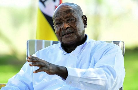 Uganda's President Yoweri Museveni speaks during a Reuters interview at his farm in Kisozi settlement of Gomba district, in the Central Region of Uganda, January 16, 2022.