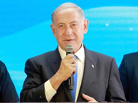 Former Israeli prime minster and Likud party leader Benjamin Netanyahu delivers a speech.