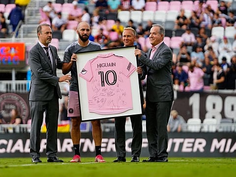 Inter Miami forward Gonzalo Higuain (second left) receives a jersey signed by team mates prior to a game against the CF Montreal at DRV PNK Stadium, Fort Lauderdale, Florida.