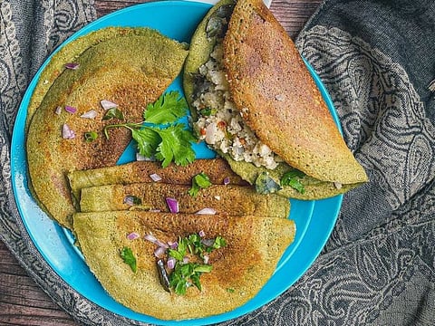 Peserattu is a thin yet slightly spongy crepe that gets its green colour from ‘pesera,’ the Telugu word for mung beans.