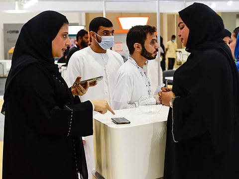 Emiratis exploring job opportunities available in government and private sectors at National Career Exhibition being held at Expo Centre Sharjah. Photo: Virendra Saklani/Gulf News