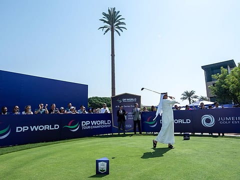 General Abdullah Al Hashmi, Vice Chairman, Emirates Golf Federation taking the ceremonial tee shot on the Earth Course at Jumeirah Golf Estates.
