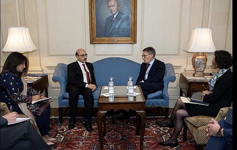 Pakistan’s Ambassador to the US Masood Khan and State Department Counsellor Derek Chollet, who serves as a senior policy adviser to US Secretary of State Antony Blinken, during the meeting.