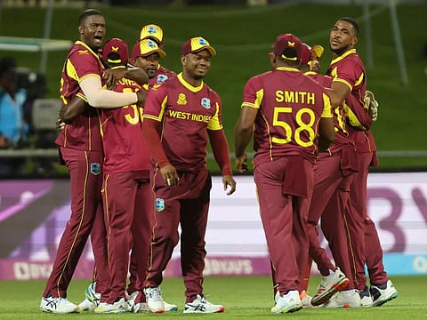 West Indies' players celebrate their victory over Zimbabwe in the ICC mens Twenty20 World Cup 2022 cricket match at Bellerive Oval in Hobart.