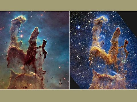 This combination image provided by NASA on Wednesday, October 19, 2022, shows the 'Pillars of Creation' as imaged by NASA's Hubble Space Telescope in 2014, left, and by NASA's James Webb Telescope, right. The new, near-infrared-light view from the James Webb Space Telescope helps us peer through more of the dust in the star-forming region, according to NASA.