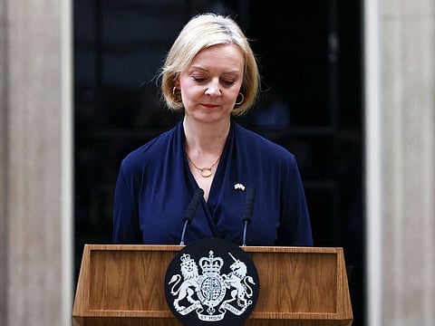 British Prime Minister Liz Truss announces her resignation, outside Number 10 Downing Street in London
