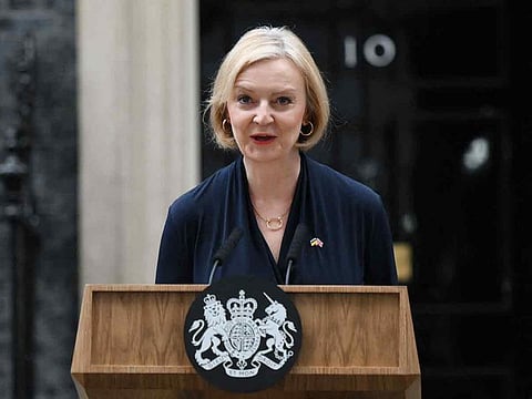 Britain's Prime Minister Liz Truss delivers a speech outside of 10 Downing Street in central London on October 20, 2022 to announce her resignation.