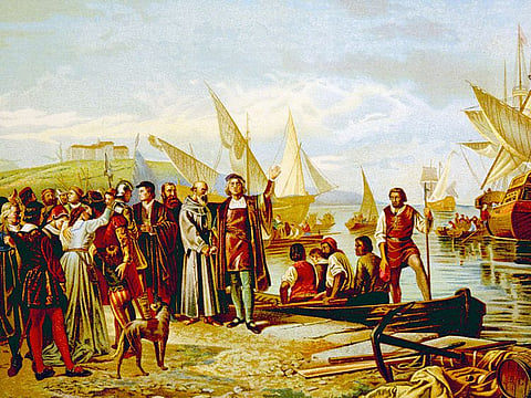 Christopher Columbus' embarkation and departure from the port of Palos, Spain on August 3, 1492, chromolithograph from painting by Ricardo Balaca, 1892