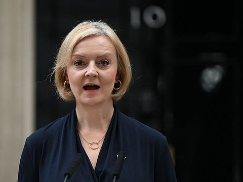 Britain's Prime Minister Liz Truss delivers a speech outside of 10 Downing Street in central London on October 20, 2022 to announce her resignation