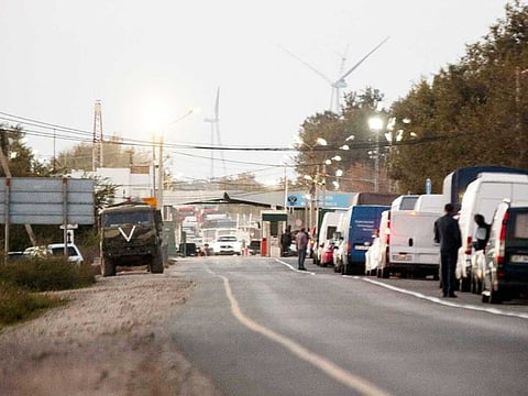 A view taken on October 19, 2022 shows the checkpoint in the town of Armyansk in the north of Moscow-annexed Crimean peninsula bordering the Russian-controlled Kherson region in southern Ukraine.