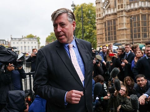 Graham Brady, UK lawmaker and chairman of the 1922 Committee, leaves after speaking to the media outside the Houses of Parliament in London, on Oct. 20, 2022.