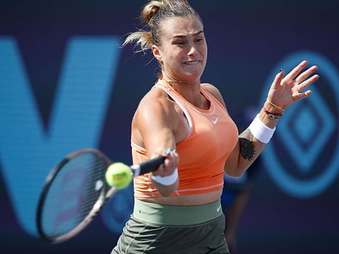 Aryna Sabalenka of Belarus returns to Anett Liudmila Samsonova of Russia during a WTA tournament in Guadalajara, Mexico, on Wednesday.