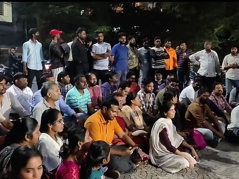 Parents of children protest against the school management on Tuesday.