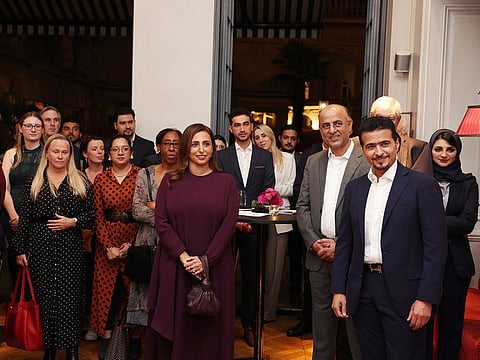Bodour Al Qasimi (front and center), President, International Publishers Association, and Sharjah Book Authority Chairman Ahmed Al Ameri (front and right) during the announcement of the shortlisted nominees at an event in Frankfurt, Germany