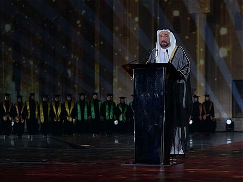 His Highness Sheikh Dr. Sultan bin Mohammad Al Qasimi, Supreme Council Member and Ruler of Sharjah and Founder of University of Sharjah, addressing a gathering to mark the university's silver jubilee celebrations in Sharjah on Saturday.
