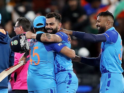 Virat Kohli celebrates with Indian skipper Rohit Sharma and Hardik Pandya after guiding India to a sensational win over Pakistan in the Twenty20 World Cup Group A match at the MCG on Sunday.