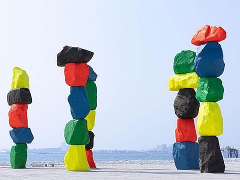 'Doha Mountains' by Swiss artist Ugo Rondinone can be seen along Doha’s Ras Abou Aboud beachfront near 974 Stadium.