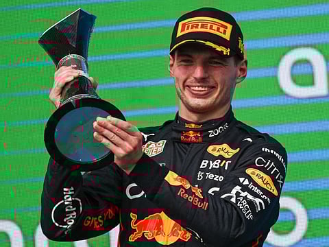 Red Bull Racing's Dutch driver Max Verstappen celebrates on the podium after winning the Formula One United States Grand Prix, at the Circuit of the Americas in Austin, Texas.