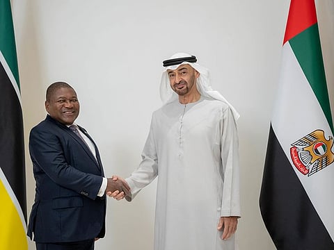 President His Highness Sheikh Mohamed bin Zayed Al Nahyan meets Filipe Jacinto Nyusi, President of Mozambique (L), at Al Shati Palace.