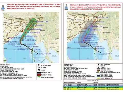 'Sitrang' lay centred at 1130 IST about 300 km south southeast of Sagar Island. It is likely to intensify into a severe cyclonic storm and cross Bangladesh coast between Tinkona Island and Sandwip close to Barisal in the early hours of Tuesday, October 25, 2022.