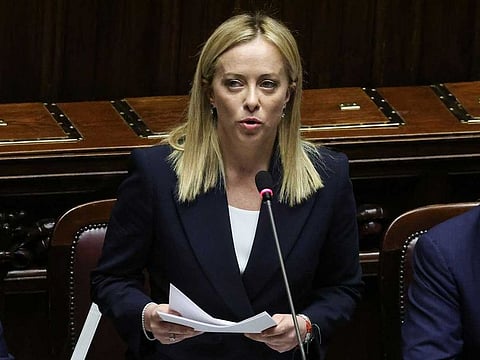 Giorgia Meloni, Italy's new prime minister, speaks during a parliamentary session inside the Chamber of Deputies, the lower house of parliament, ahead of a confidence vote in Rome, Italy, on Tuesday, Oct. 25, 2022.
