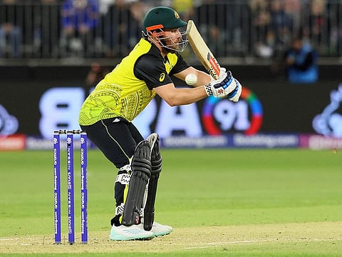 Australia's Aaron Finch plays a shot during the ICC men's Twenty20 World Cup 2022 cricket match between Australia and Sri Lanka at Perth Stadium in Perth. Australia won by 7 wickets.