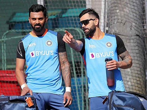 India's Virat Kohli and KL Rahul take part in a practice session.