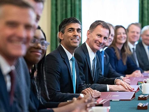 Prime Minister Rishi Sunak, centre, alongside the Chancellor of the Exchequer, Jeremy Hunt, centre right, holds his first Cabinet meeting in Downing street, Wednesday, Oct. 26, 2022.